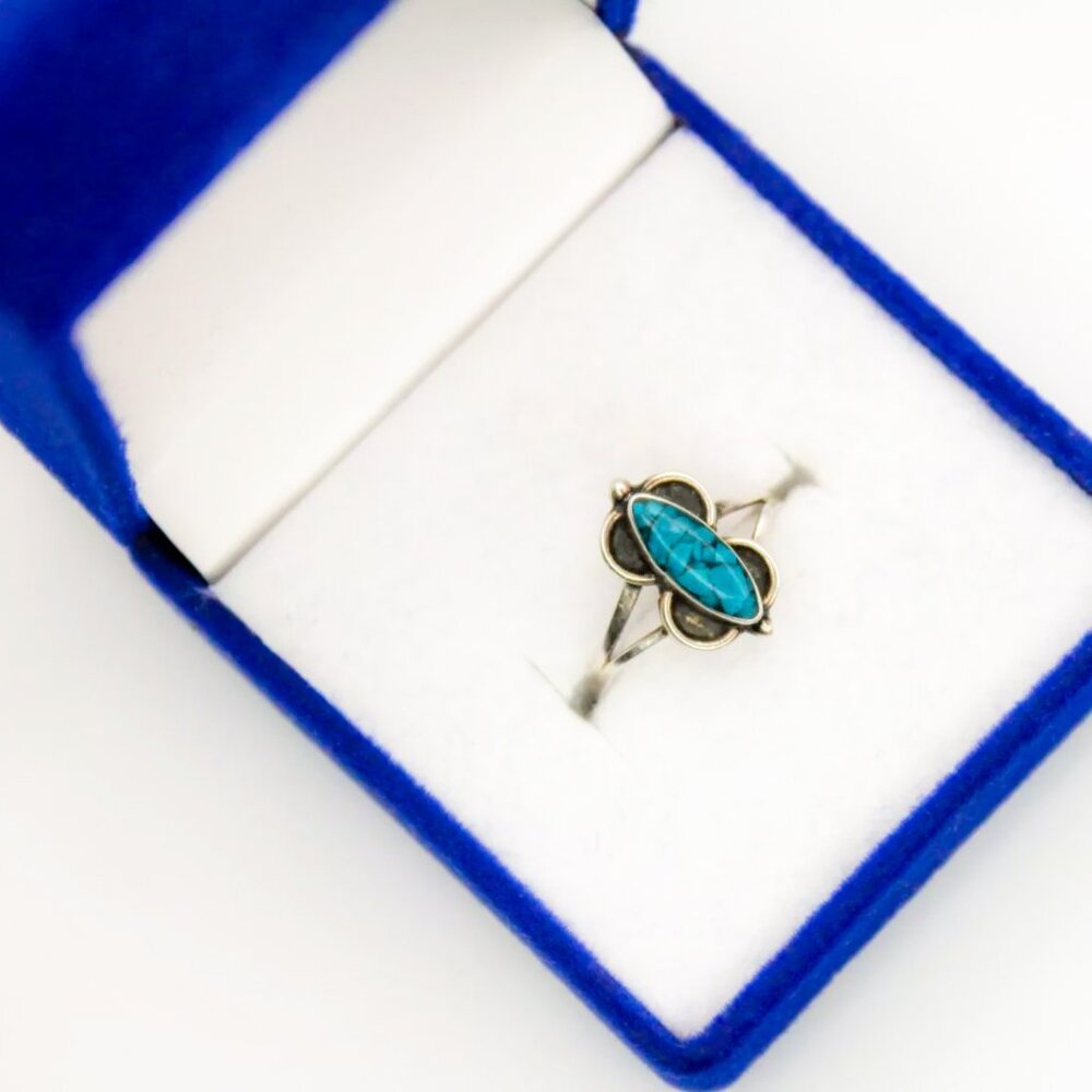 925 Sterling Silver TAXCO MEXICO Vintage Inlaid Turquoise Floral Ring